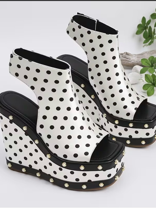 Shoes - Polka Dot Platform Wedge Sandals - White/Black